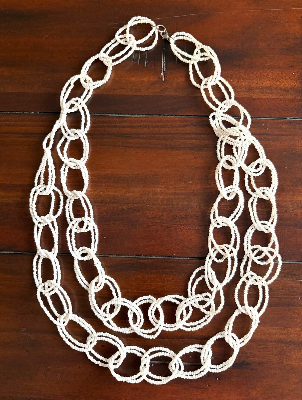 Vintage White Seed Bead Estate Necklace - Double Strands of Circles - 33" Long